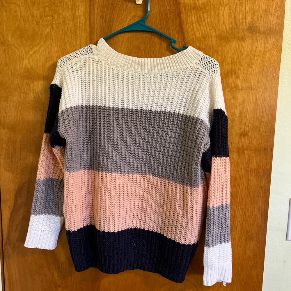Striped Knit Sweater - Cream, Gray, Pink, and Navy